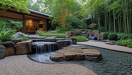 Find serenity in a Zen garden with a meditative rock arrangement, tranquil water features, and a canopy of bamboo.