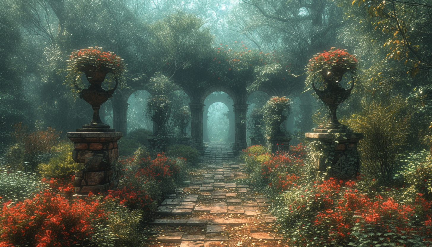 Discover a secret garden hidden within an overgrown maze, filled with hidden treasures, enchanting statues, and a sense of mystery.