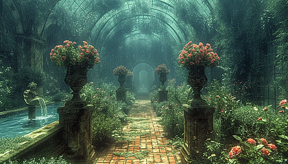 Discover a secret garden hidden within an overgrown maze, filled with hidden treasures, enchanting statues, and a sense of mystery.