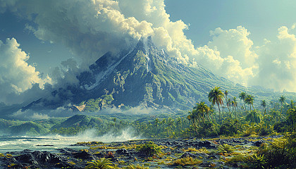 Dynamic volcanic landscape featuring a gently smoking volcano in the background, rugged lava fields, and resilient flora sprouting through the hardened lava.