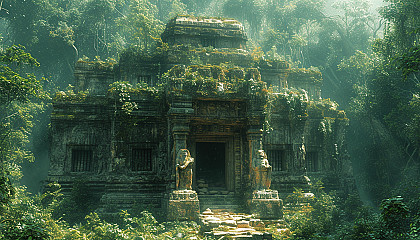 Abandoned ancient temple in a dense jungle, overrun by vines, with mysterious statues and a hidden treasure chest.