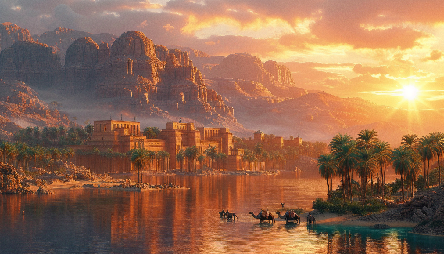 Desert oasis at sunset, with towering palm trees, a tranquil pond, camels resting, and ancient ruins in the background.