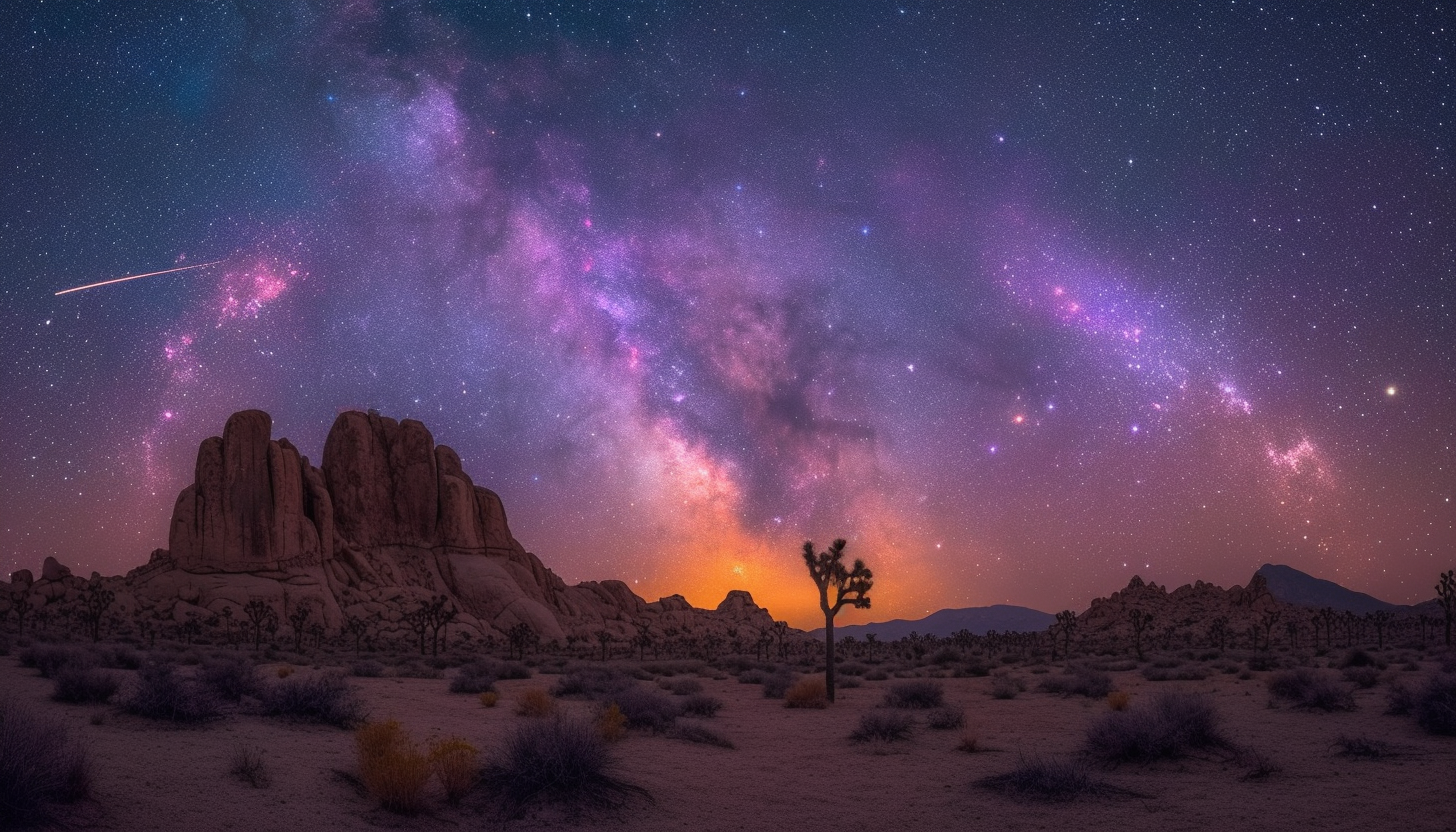 Witness a breathtaking meteor shower in a desert landscape, with shooting stars streaking across the vast, open night sky.