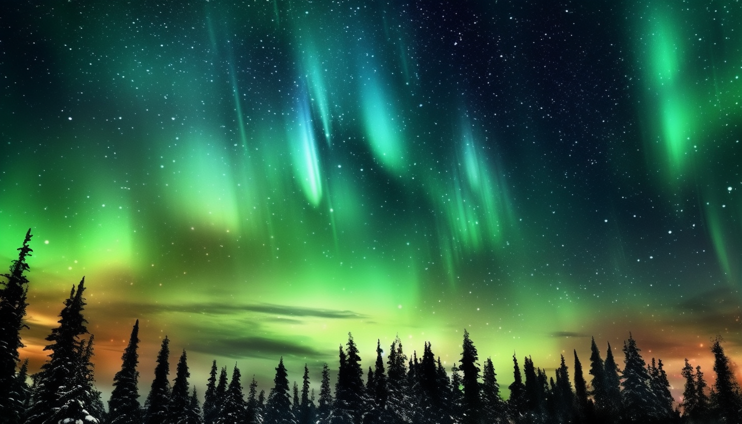 Northern Lights dancing across a clear, star-studded sky.