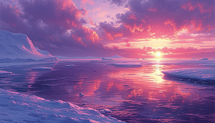 Serene Arctic scene with a family of polar bears on a floating ice cap, surrounded by a vast, icy ocean and a sky with subtle hues of pink and purple during the polar twilight.