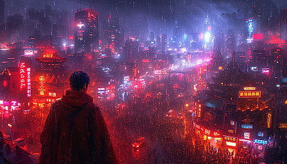Journey to a cyberpunk metropolis under a stormy sky, where towering skyscrapers are illuminated by neon signs, and bustling streets are soaked in the rain.