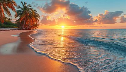 A sun-kissed beach at sunset, with palm trees, golden sands, and gentle waves rolling in under a colorful sky.