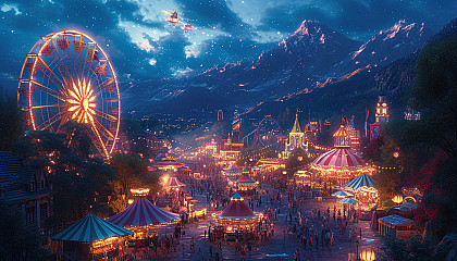 Vibrant carnival scene with a Ferris wheel, colorful tents, performers in elaborate costumes, and a crowd enjoying various games.