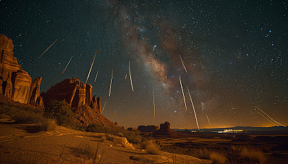 Witness a breathtaking meteor shower in a desert landscape, with shooting stars streaking across the vast, open night sky.