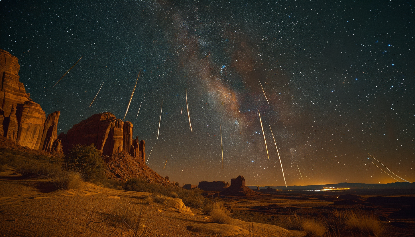 Witness a breathtaking meteor shower in a desert landscape, with shooting stars streaking across the vast, open night sky.