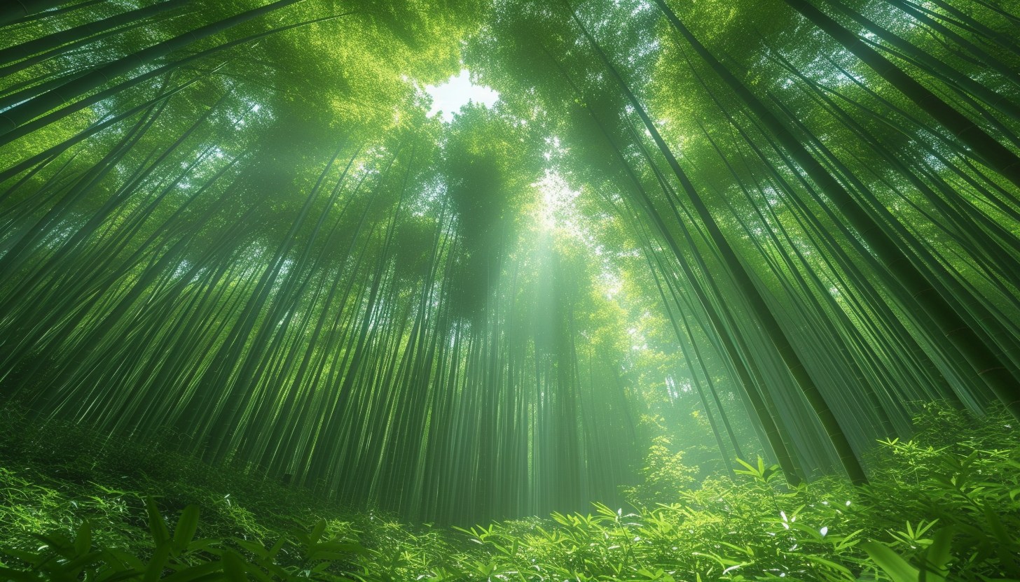 Tranquil bamboo forest with tall, green stalks densely packed, light filtering through leaves, creating a serene, almost mystical atmosphere.