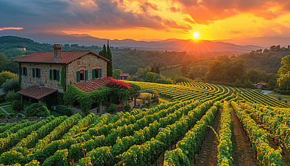 Lush vineyard landscape in Tuscany, rolling hills, rows of grapevines, a rustic stone farmhouse, and a setting sun.