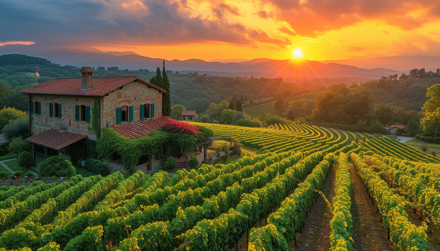 Lush vineyard landscape in Tuscany, rolling hills, rows of grapevines, a rustic stone farmhouse, and a setting sun.