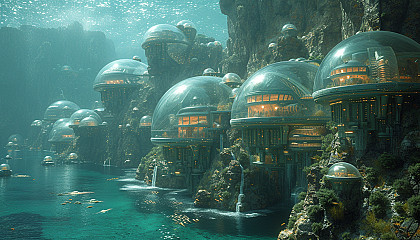 A futuristic underwater city, complete with glass domes, marine life, and advanced architecture beneath the ocean's surface.