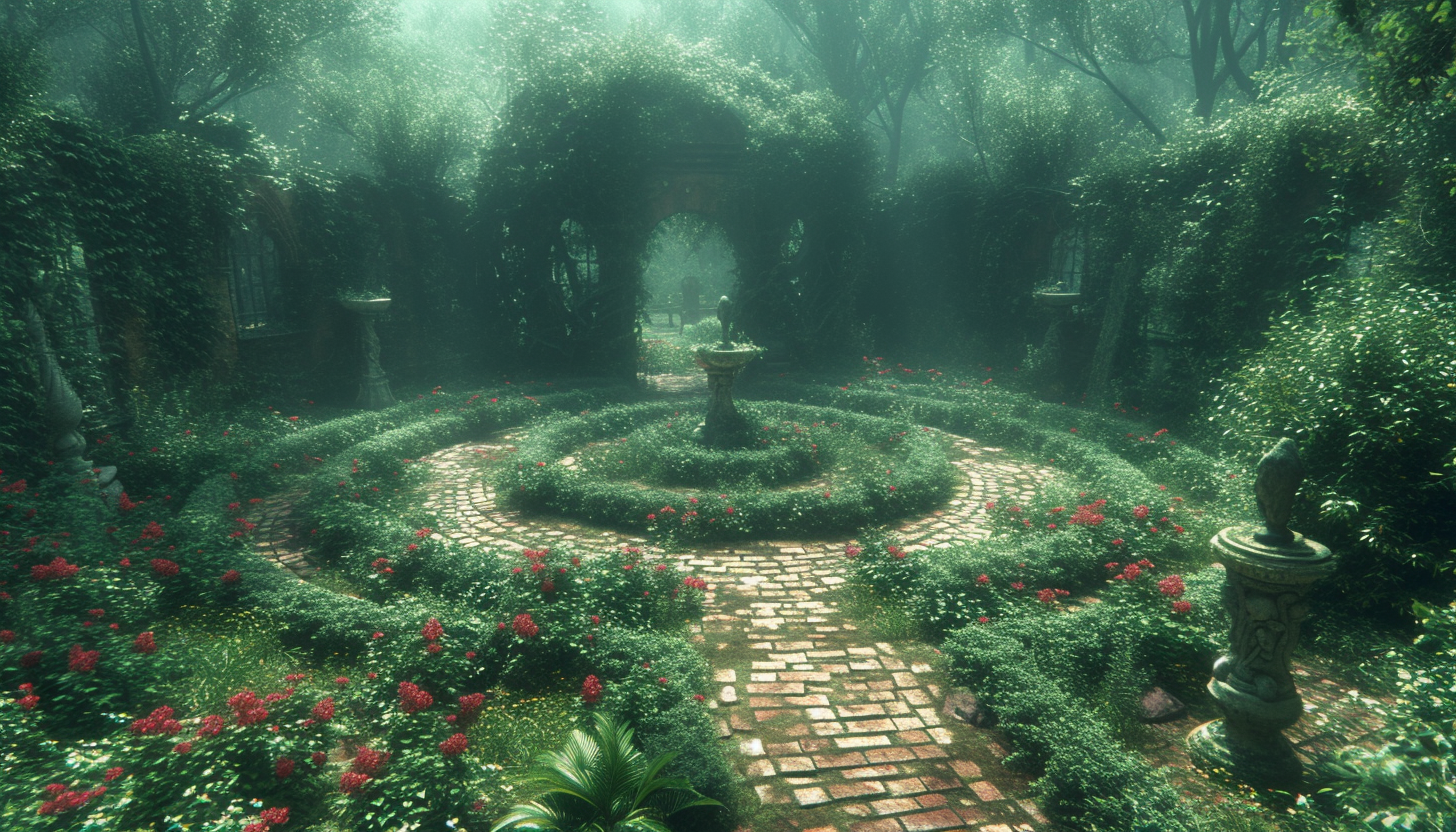 Discover a secret garden hidden within an overgrown maze, filled with hidden treasures, enchanting statues, and a sense of mystery.