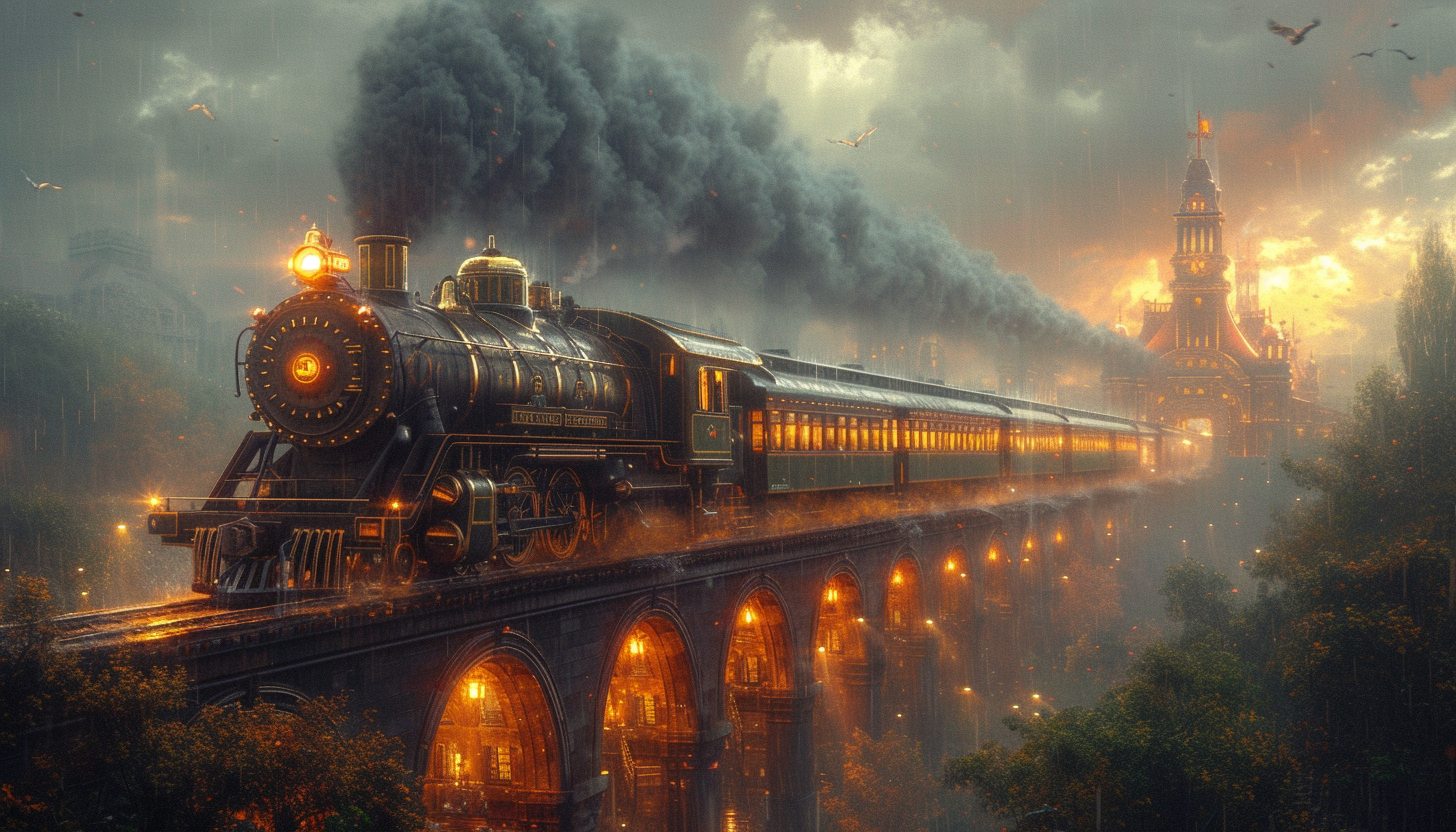 Roam through a Victorian-era steam locomotive station, with billowing steam, grand arches, and travelers from a bygone era.