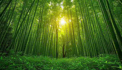 Tranquil bamboo forest with tall, green stalks densely packed, light filtering through leaves, creating a serene, almost mystical atmosphere.