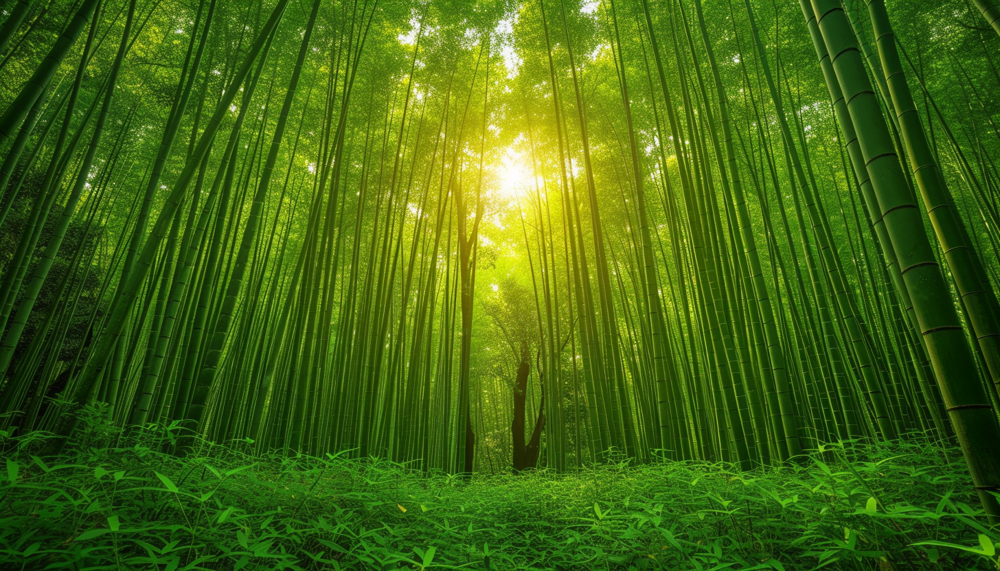 Tranquil bamboo forest with tall, green stalks densely packed, light filtering through leaves, creating a serene, almost mystical atmosphere.