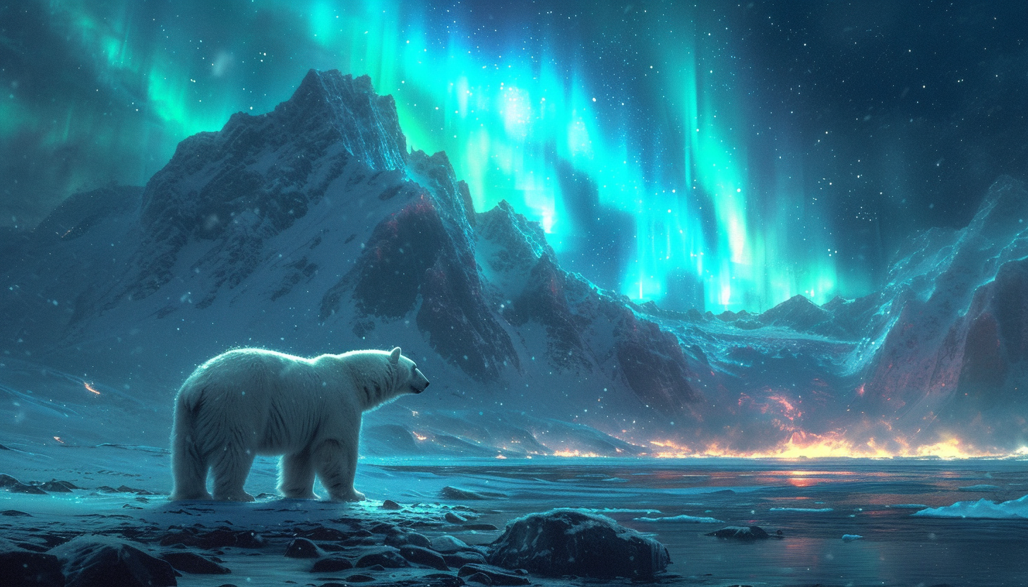 Visualize an Arctic landscape with snow-covered mountains, polar bears, and the mesmerizing dance of the Northern Lights in the night sky.