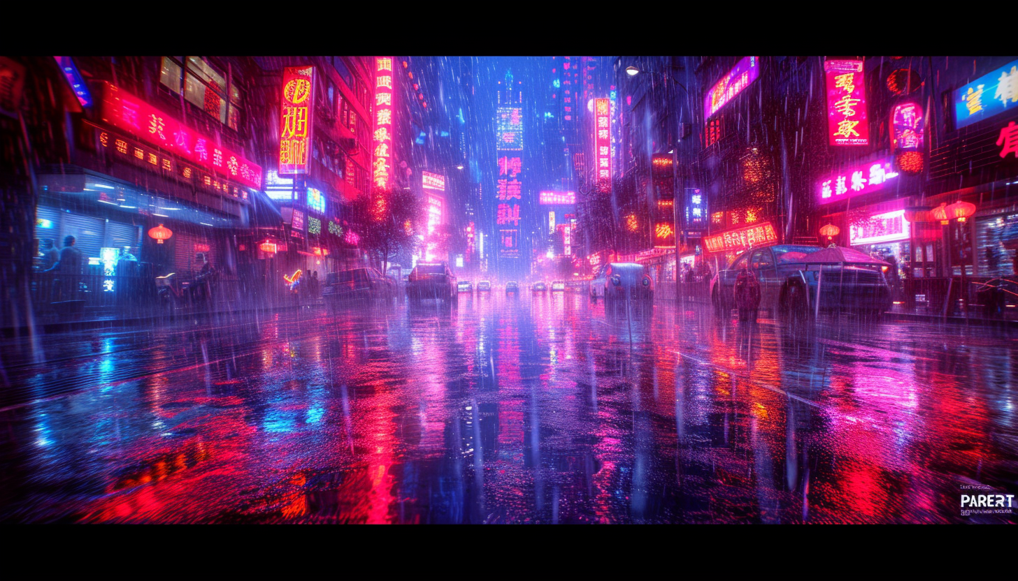 Dive into a cyberpunk cityscape at twilight, where neon signs reflect on wet streets, and futuristic skyscrapers loom overhead.