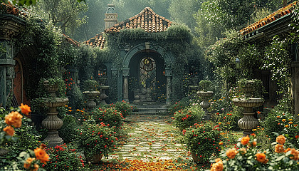 Discover a secret garden hidden within an overgrown maze, filled with hidden treasures, enchanting statues, and a sense of mystery.