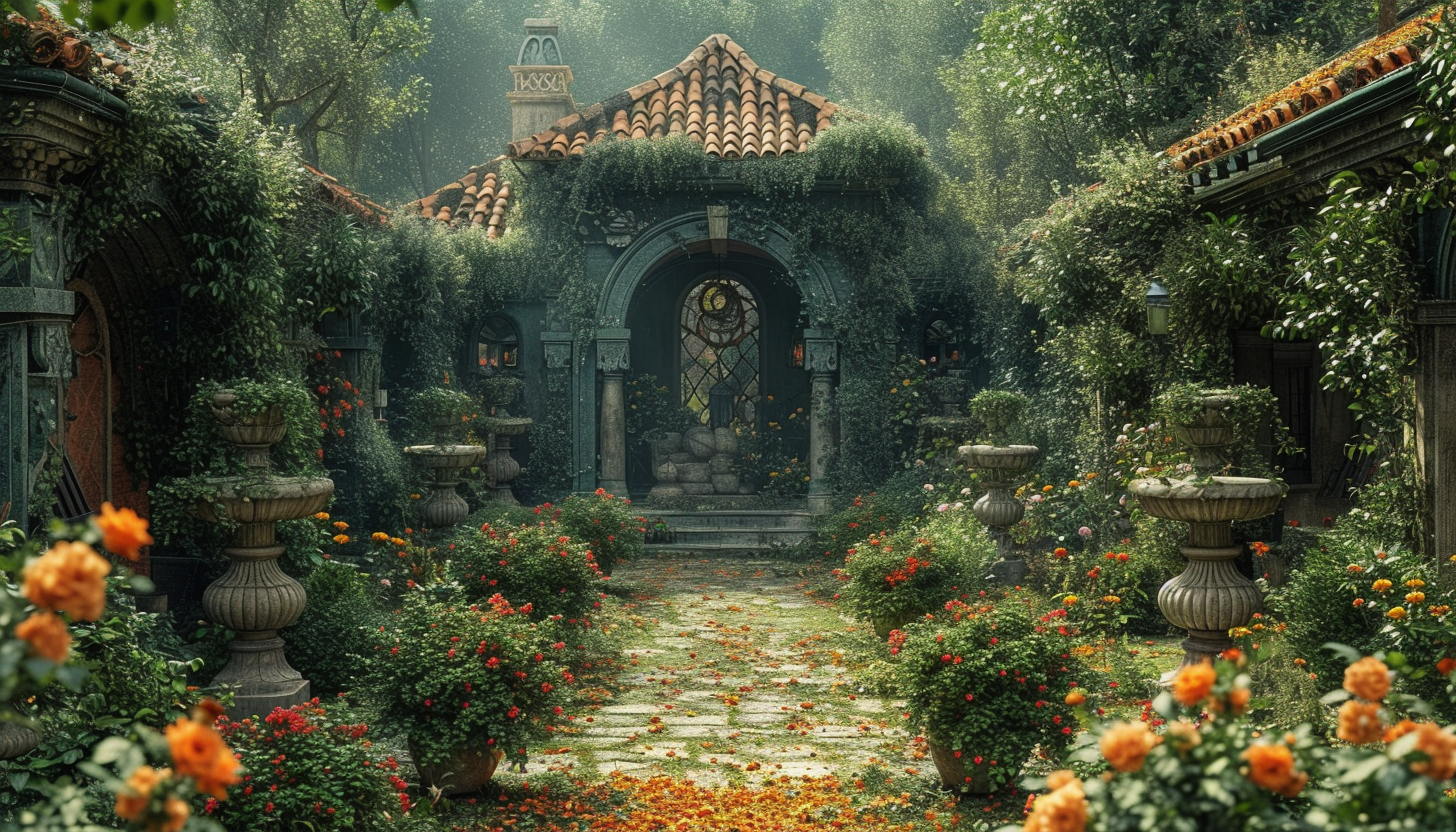 Discover a secret garden hidden within an overgrown maze, filled with hidden treasures, enchanting statues, and a sense of mystery.