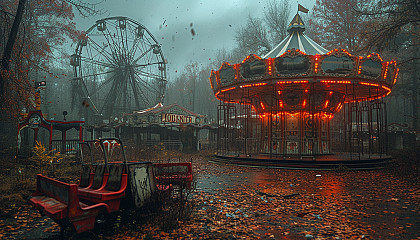 Uncover the mysteries of an abandoned, overgrown amusement park, with rusting rides, faded signs, and a haunting atmosphere of nostalgia.