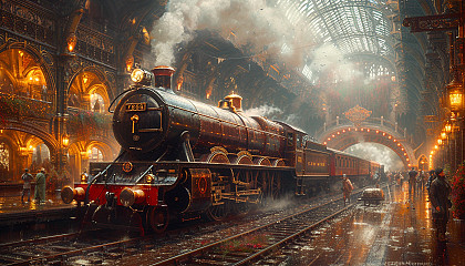 Roam through a Victorian-era steam locomotive station, with billowing steam, grand arches, and travelers from a bygone era.