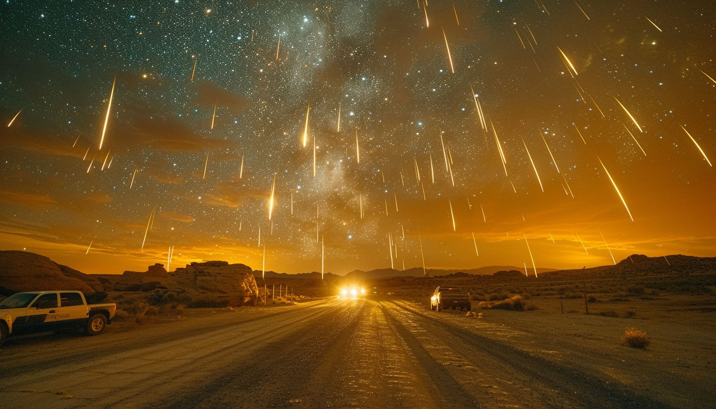 Witness a breathtaking meteor shower in a desert landscape, with shooting stars streaking across the vast, open night sky.