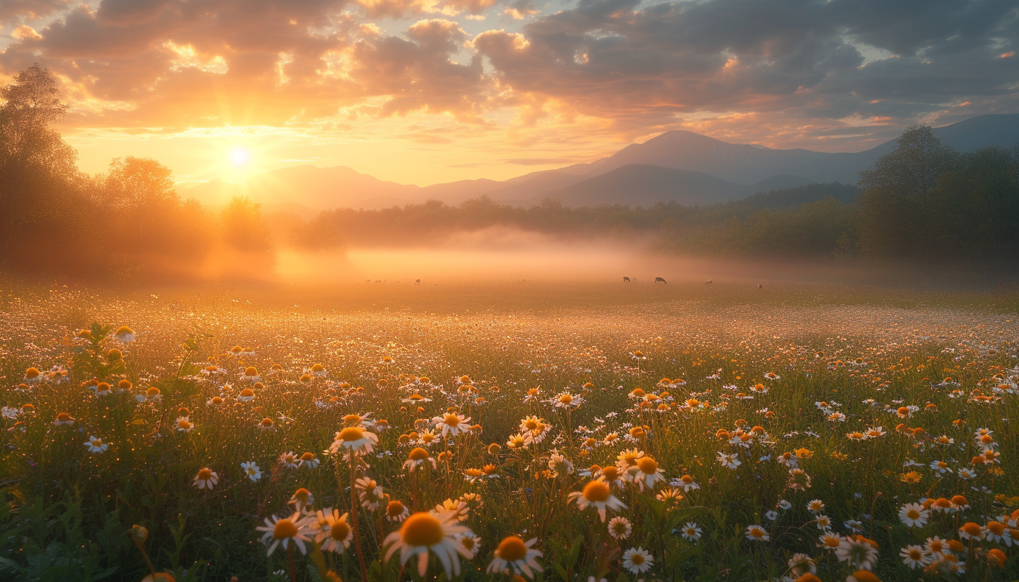 Peaceful meadow at early morning, blanketed in dew, with wild rabbits hopping amongst wildflowers, a gentle sunrise, and a backdrop of distant misty mountains.