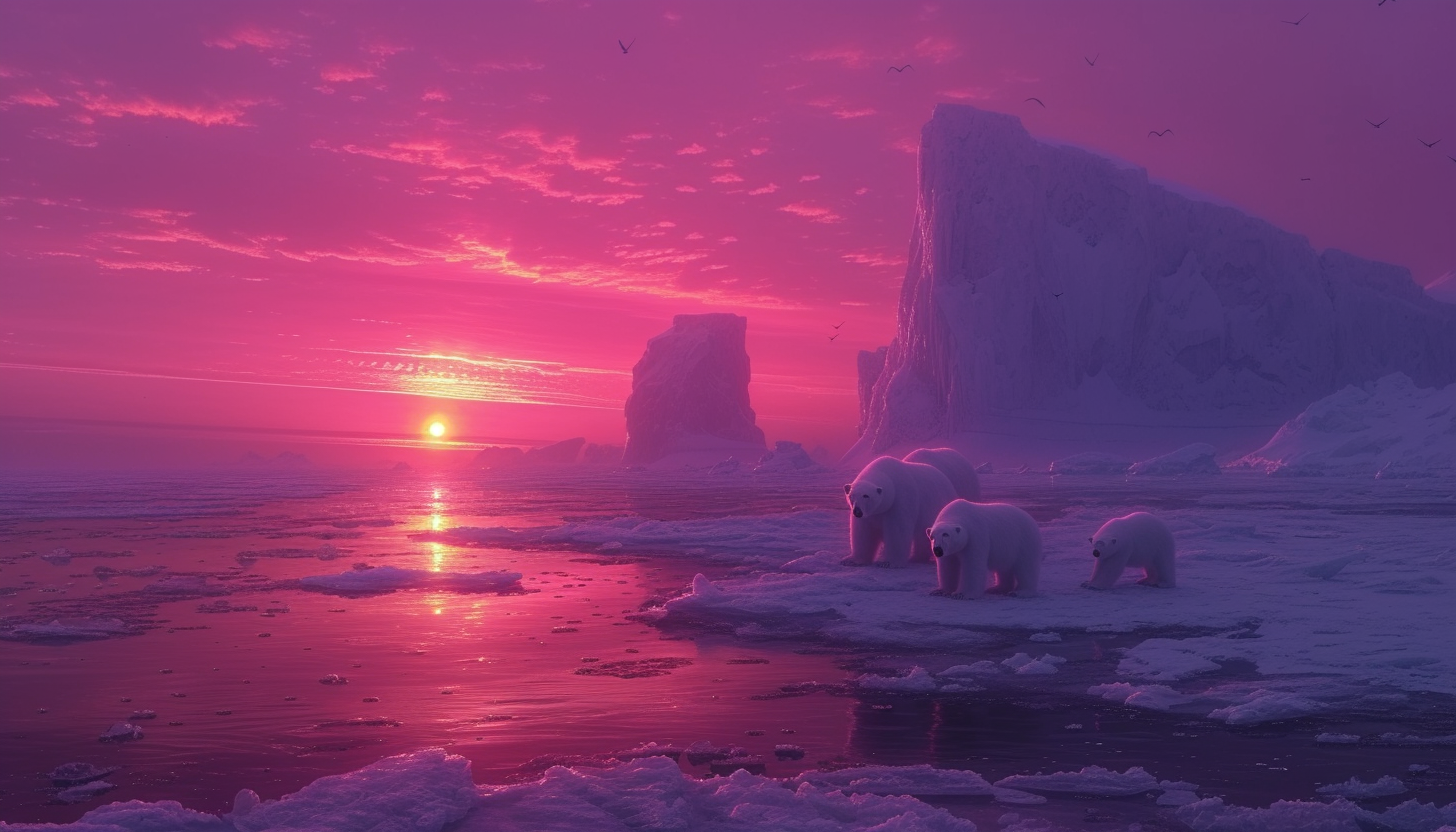 Serene Arctic scene with a family of polar bears on a floating ice cap, surrounded by a vast, icy ocean and a sky with subtle hues of pink and purple during the polar twilight.