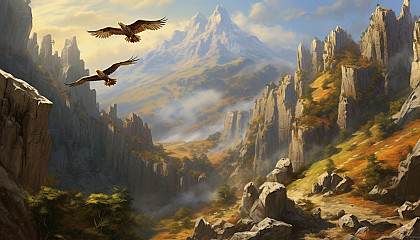 Majestic eagles soaring above a rugged canyon.