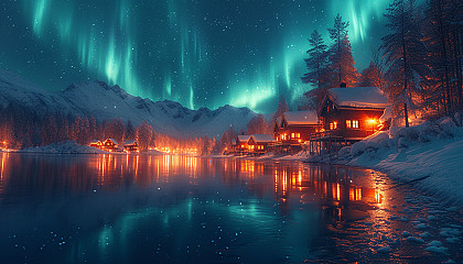 Traditional Nordic village during the Northern Lights, with cozy wooden cabins, a frozen lake, and reindeer grazing nearby.