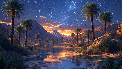 Nighttime in a desert oasis under a canopy of stars, with palm trees surrounding a small, serene pool of water, and the gentle rustling of nocturnal creatures.