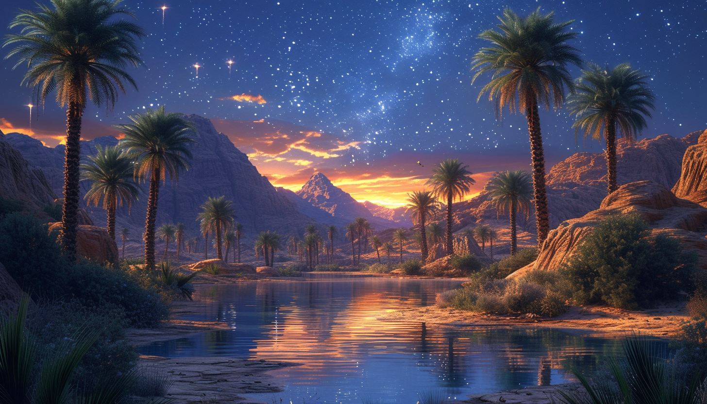 Nighttime in a desert oasis under a canopy of stars, with palm trees surrounding a small, serene pool of water, and the gentle rustling of nocturnal creatures.