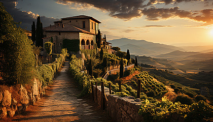 Lush vineyard in Tuscany during golden hour, rolling hills, grapevines, a rustic farmhouse, and a distant view of an old castle.