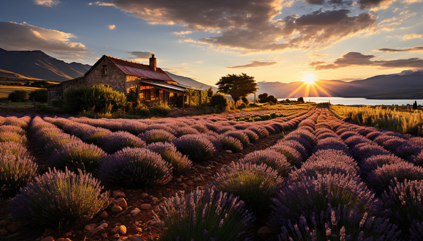 Lavender fields in Provence at golden hour, with rows of purple flowers, a quaint farmhouse, and distant mountains.