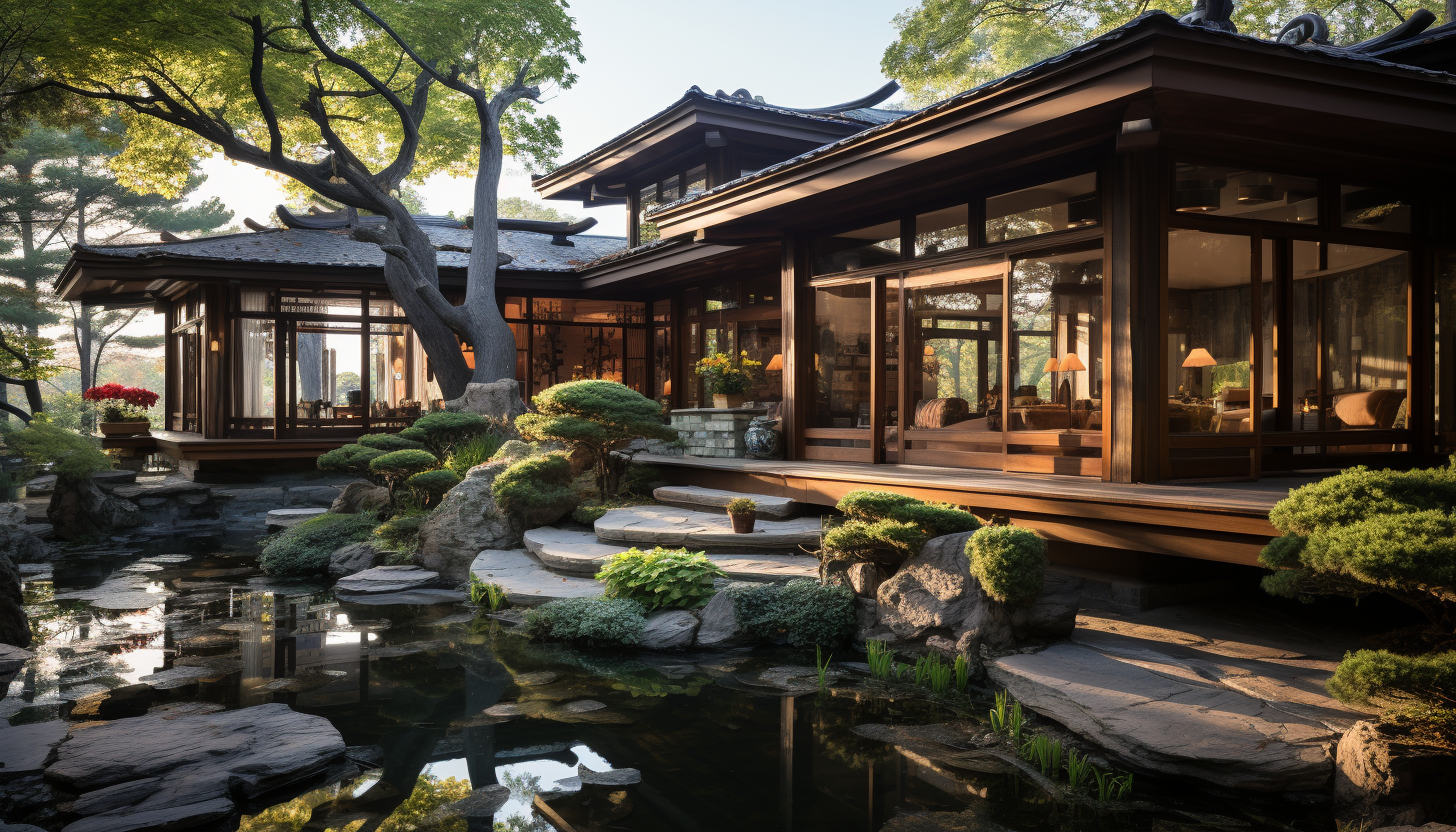 Traditional Chinese tea house, with intricate wooden architecture, tranquil gardens, tea masters performing ceremonies, and distant mountains.