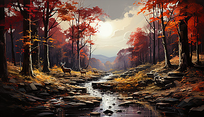 Autumn forest trail, leaves in shades of red and gold, a gentle stream, and wildlife like deer and foxes visible in the distance.