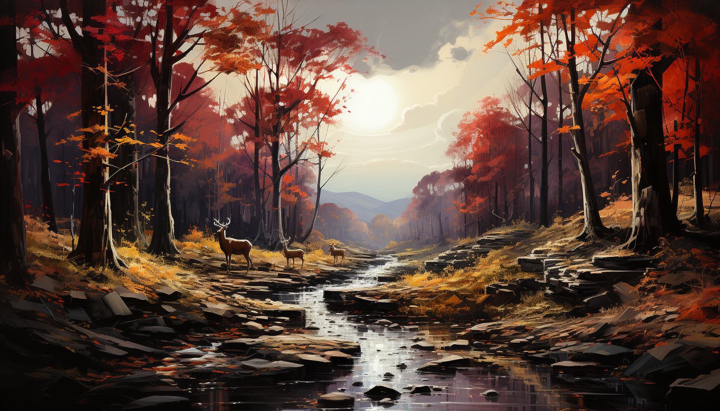 Autumn forest trail, leaves in shades of red and gold, a gentle stream, and wildlife like deer and foxes visible in the distance.