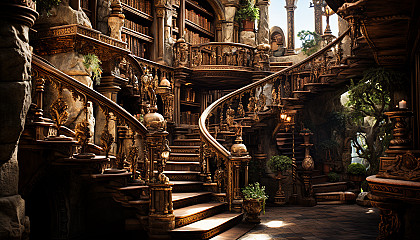 Ancient library with towering bookshelves, spiral staircases, secret passages, and a large globe in the center.