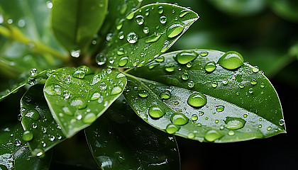 Close-up of water droplets glistening on a leaf.