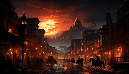 Old Western town in the dusk, with a saloon, horse-drawn carriages, dusty roads, and cowboys gathering around a fire.