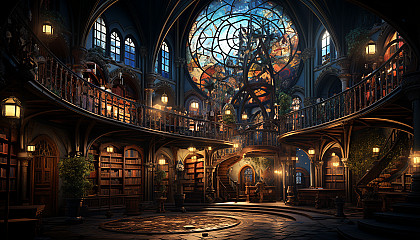 Grand library in a medieval castle, towering bookshelves, ancient tomes, a large globe, and stained glass windows casting colorful light.