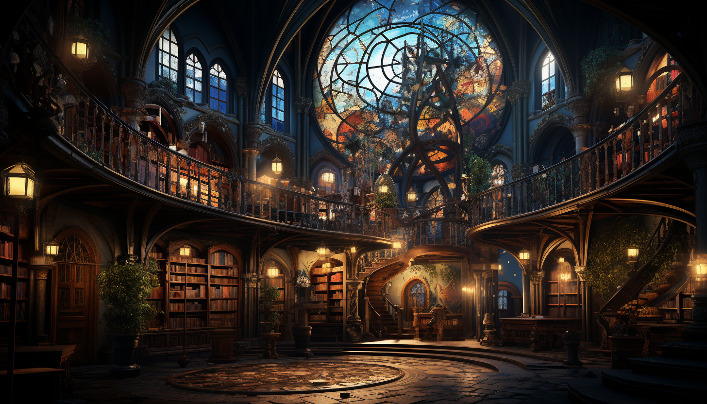 Grand library in a medieval castle, towering bookshelves, ancient tomes, a large globe, and stained glass windows casting colorful light.