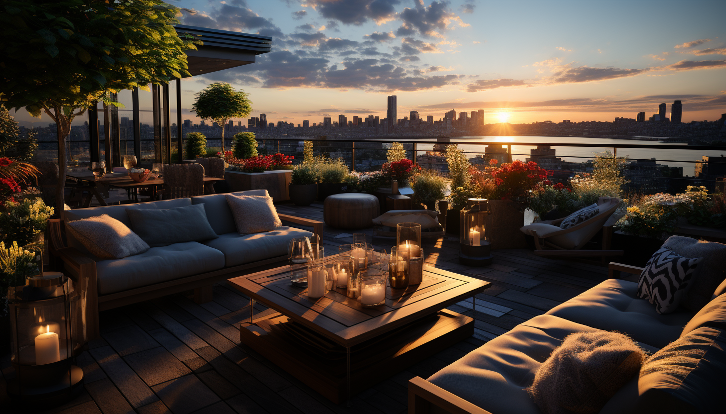 Lush rooftop garden in an urban setting, with a variety of plants, comfortable seating areas, and a skyline view at sunset.