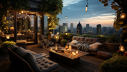 Rooftop garden in a modern city, with a variety of plants, comfortable seating, string lights, and skyscrapers in the background.