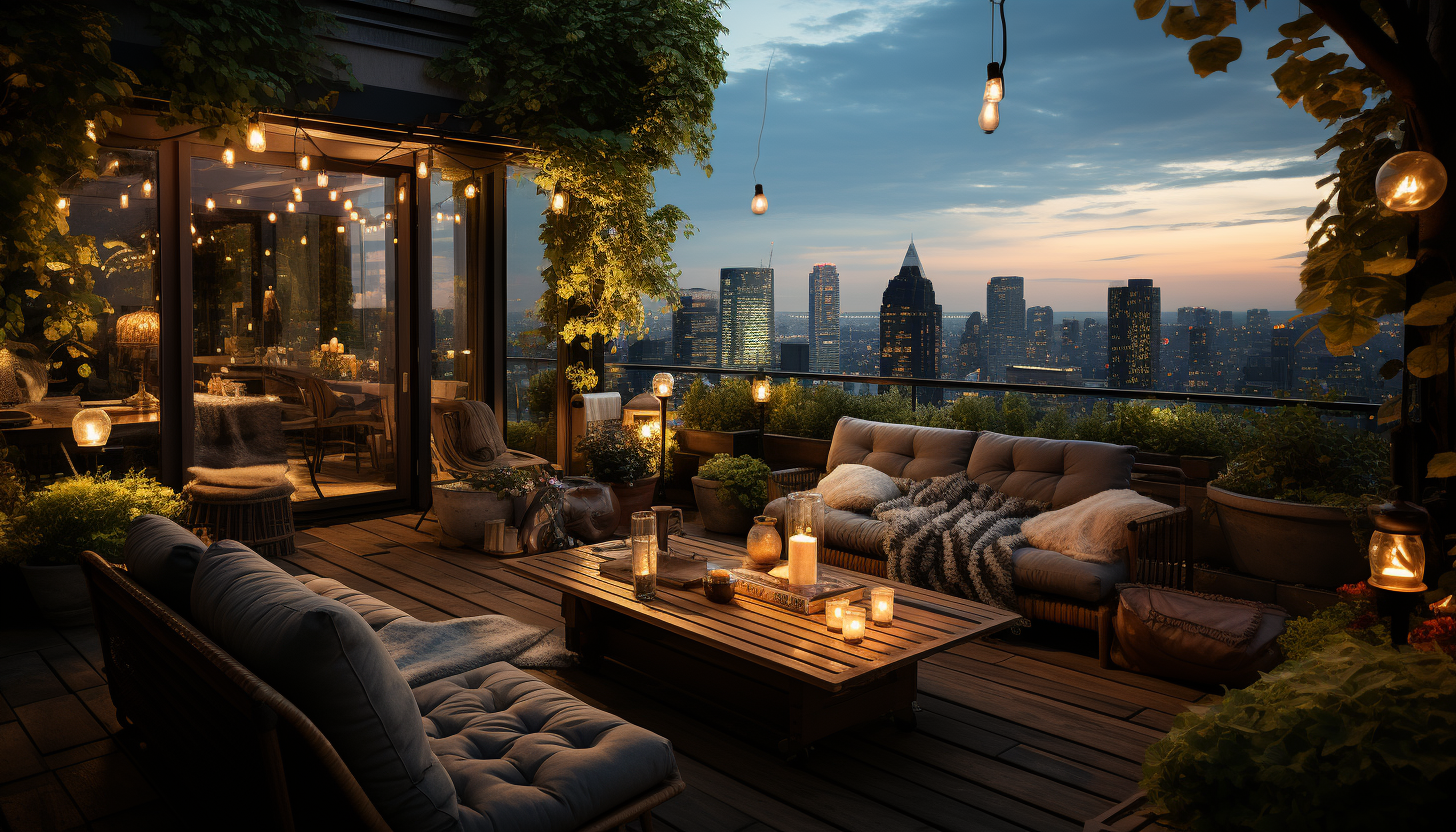Rooftop garden in a modern city, with a variety of plants, comfortable seating, string lights, and skyscrapers in the background.