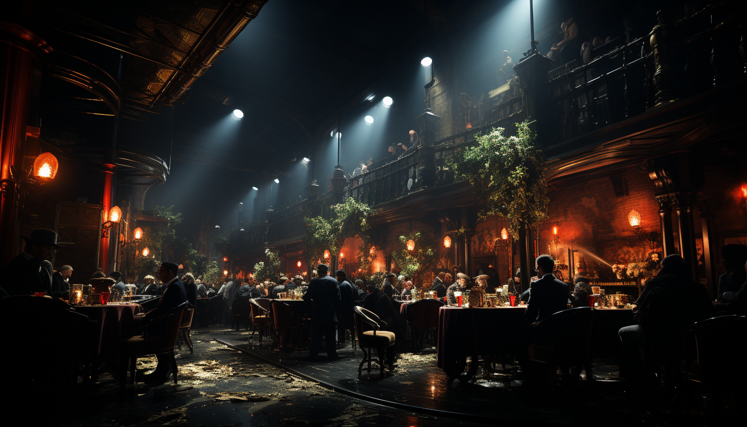 Classic 1920s jazz club interior, dimly lit, with a band on stage, elegantly dressed patrons, and a vintage bar.