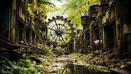 Abandoned amusement park reclaimed by nature, with overgrown roller coasters, a rusty Ferris wheel, and wild animals roaming freely.